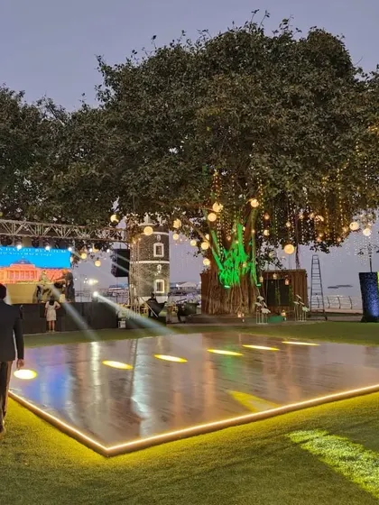 The main stage and dance floor at the Belgian King's Day party. We work alongside event planners to ensure our catering setup integrates perfectly with the overall event design.