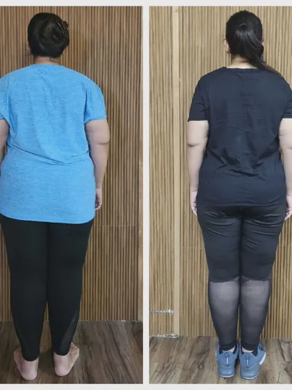 A rear-view before-and-after, emphasizing the change in her body shape and muscle tone.