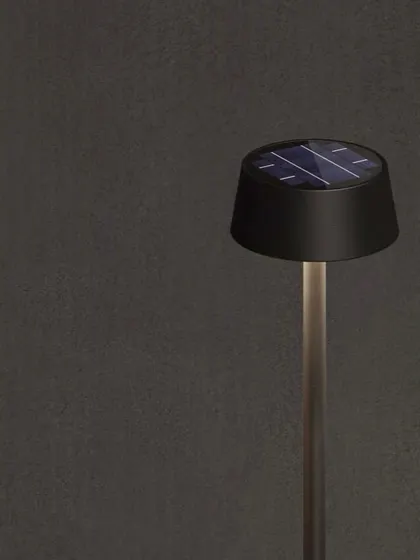 This is a detail shot of the head of our solar lamp post. The high-efficiency solar panel is seamlessly integrated into the top, ensuring it captures maximum sunlight during the day to power the light through the night.