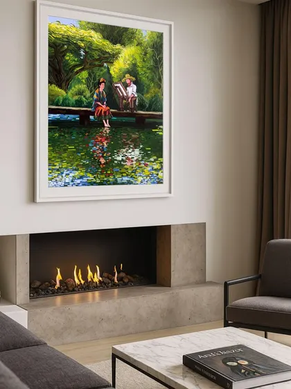The 'Colorful Lake' fine art print displayed above a modern fireplace, showing its potential as a statement piece in a contemporary home.