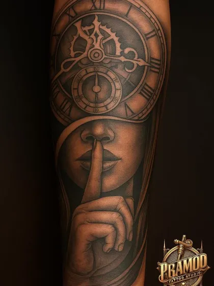 An advertisement featuring the 'Time and Silence' tattoo, highlighting our studio's ability to create complex, realistic, and meaningful custom pieces.