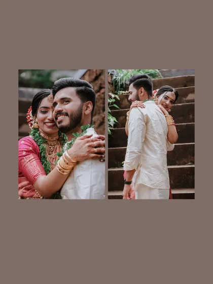 A collage of intimate and loving portraits of a newly married couple.