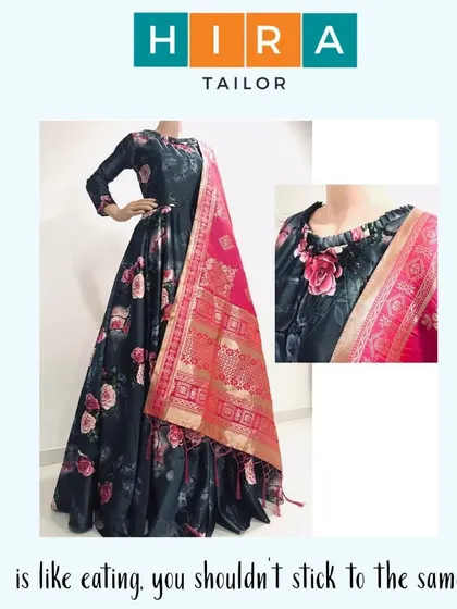 A floral print floor-length gown with a contrasting pink Banarasi dupatta. The inset shows the detailed neckline I crafted, which is a key part of my custom tailoring process for suits and gowns.