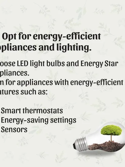 Tip 2: Opt for energy-efficient appliances and lighting. I recommend using LED bulbs, Energy Star appliances, and smart thermostats to help you save energy and reduce your carbon footprint.