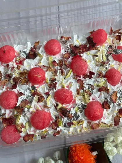 Another Diwali fusion favorite is my Rose Rasgulla Tres Leches Tub. This dessert combines the traditional sweetness of rasgulla with the modern, creamy texture of tres leches, all infused with a delicate rose flavor.