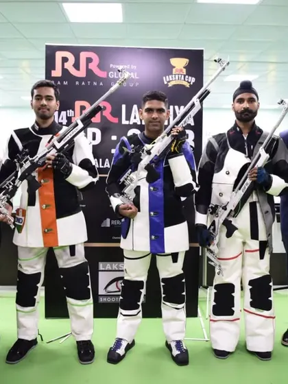 The senior winners of the 14th RR Lakshya Cup posing with officials and sponsors after a spectacular final.