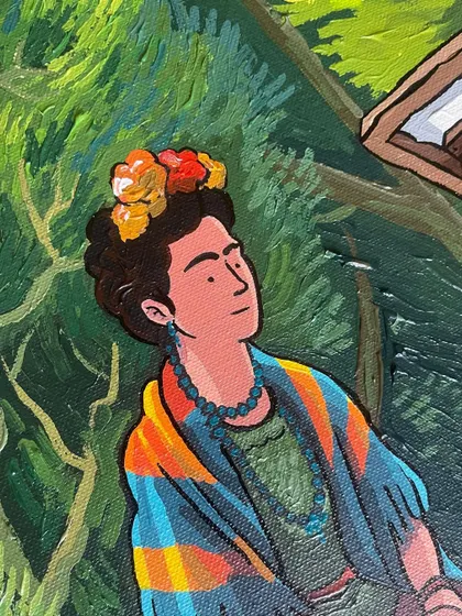 A close-up of Frida's character in 'Colorful Lake', detailing her floral crown and the colorful patterns on her shawl.