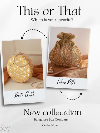This or That? We're showcasing two stunning new additions to our collection: the Peeta Clutch and the Lotus Potli. Both are perfect for adding a touch of ethnic elegance to any outfit.