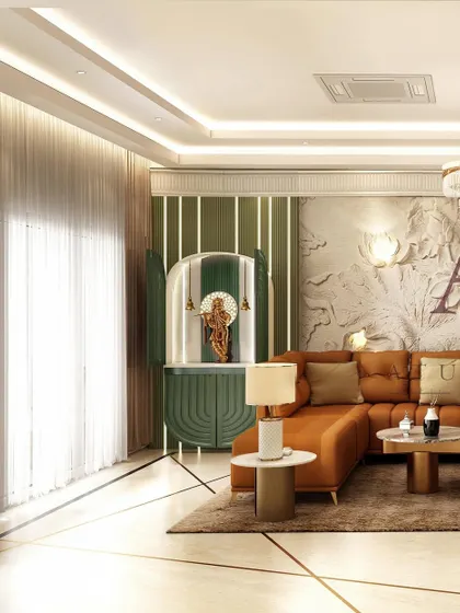 An inviting living room featuring a warm, rust-colored sectional sofa, a unique green accent chair, and a custom mandir unit seamlessly integrated into the design.