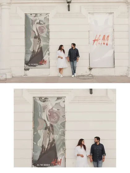 A modern, chic pre-wedding portrait against a contemporary storefront in Delhi, blending urban style with romantic photography.