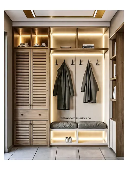 A beautifully lit entryway unit with louvered cabinet doors that add great texture. The design includes a seating bench and coat hooks, making it as practical as it is stylish.