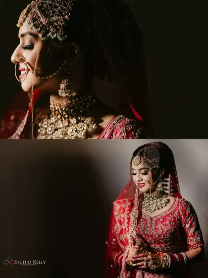 A collage of artistic, low-light portraits of the bride, creating a moody and romantic feel.
