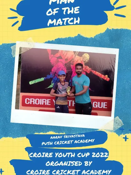 A graphic celebrating Aarav Srivastava as Man of the Match.