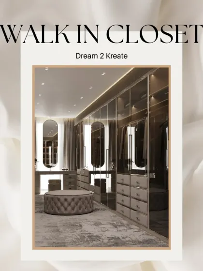 A graphic title card for a sophisticated walk-in closet, showcasing its modern and opulent design.