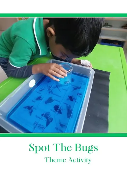 Spot the bugs. Using a magnifying glass, this child is on a mission to find and identify different insects in this theme activity. It's a great way to encourage scientific observation and learn about the tiny creatures that share our world.