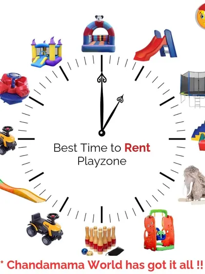 It's always the best time to rent a playzone. This graphic clock showcases the wide variety of toys I offer, from bouncy castles and trampolines to slides, swings, and rocking horses. I've got it all.