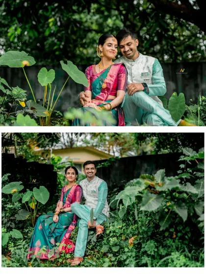 A collage of a couple sitting together in a garden, capturing their serene and happy connection in a natural setting.