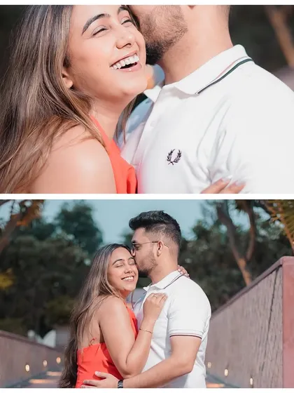 A duo of photos capturing pure, uninhibited laughter. These candid moments are often the most cherished from a pre-wedding shoot.