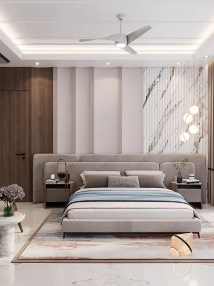 A render of a contemporary bedroom with a focus on texture and light. The design features a statement marble and wood panel headboard, comfortable seating, and large windows for a bright and airy feel.
