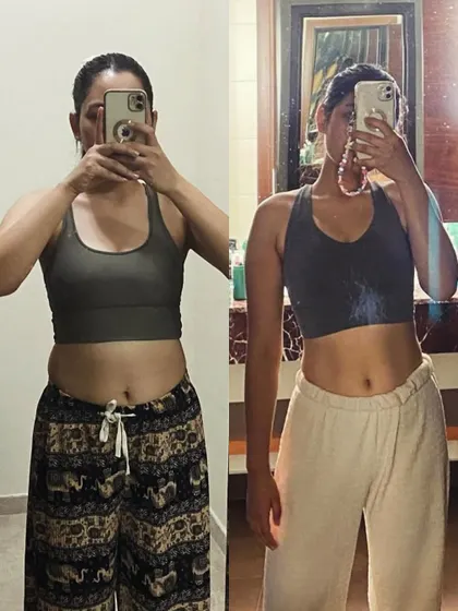 This is Kripa's amazing transformation, achieved without focusing on weight loss. We targeted inch loss and body recomposition, resulting in a significant reduction in stomach fat and a beautifully sculpted midsection. This shows the power of tailored workouts.