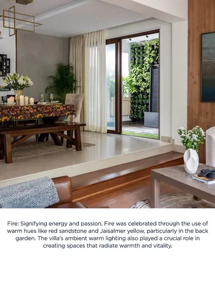 A snippet from the feature, explaining how we used warm hues and ambient lighting to celebrate the element of 'Fire' in the villa's design, creating spaces that radiate warmth and vitality.