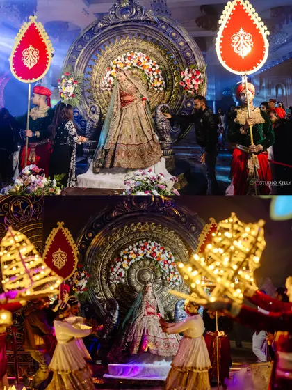 A collage of the bride's spectacular entry on a revolving, ornate throne.