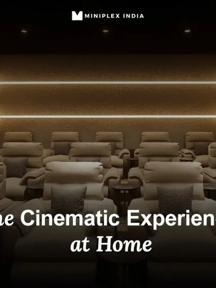 A beautiful shot of a completed theater with cream-colored recliners and soft, linear ambient lighting. The text overlay emphasizes the cinematic experience at home.