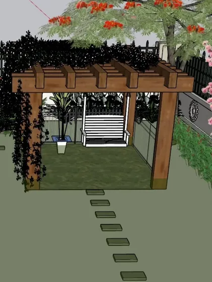 A detailed 3D view of a proposed garden feature. This mockup shows a wooden pergola with a swing, surrounded by climbing plants and a stepping stone path.