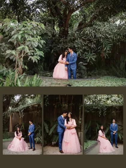 A collage of photos from an engagement shoot. The couple is seen sharing tender moments against the backdrop of our lush mango groves and rustic architecture.