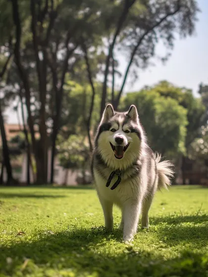 That happy trot says it all. This Husky loves exploring the green surroundings during his stay with us.