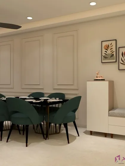 Another angle from our 3D planning phase, this view shows the dining area with a shoe-rack that has a built-in seating nook. We focus on these small, practical details in every design.