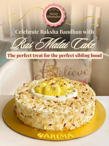 My Ras Malai Cake is a customer favorite, especially for celebrations like Raksha Bandhan. It fuses traditional Indian dessert flavors with classic cake design, topped with real ras malai pieces and garnished with nuts and edible rose petals.
