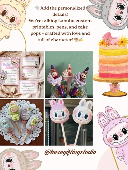 An inspiration board for a Labubu themed baby shower, featuring custom printables, pens, and cake pops.
