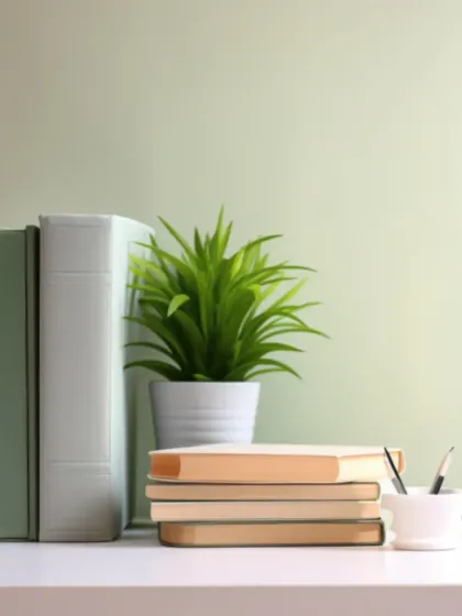 The same desk plant shown in a different context, placed among books. This demonstrates how easily our smaller plants can be integrated into existing decor to liven up a space.
