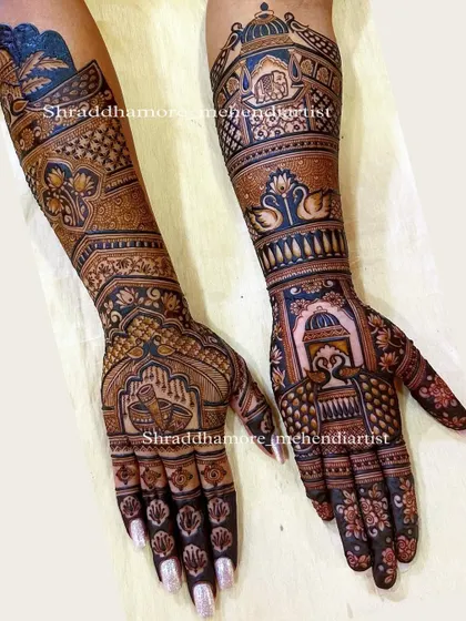 A regal design with bold architectural elements and graceful swans. The dark-filled background makes the intricate details of the lotus and check patterns shine.