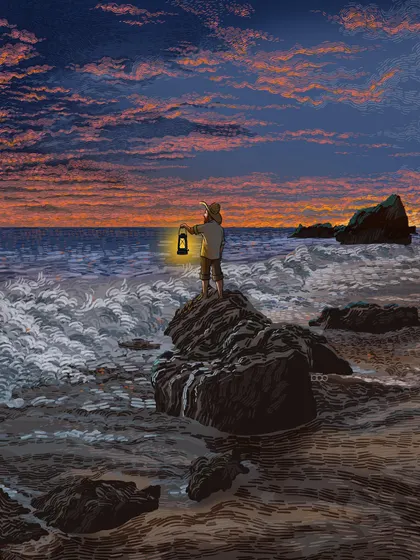 A solitary figure stands on the rocks against a raging sea, holding a lantern. This piece is about being a source of light for others, even when you are alone and facing the overwhelming forces of life.