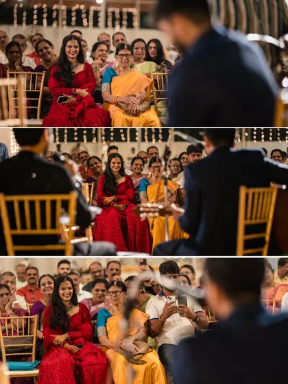 A collage of the bride and her friends enjoying a musical performance at the Sangeet, their faces lit up with joy.
