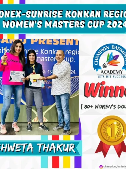 Congratulations to our trainee Shweta Thakur for winning the gold medal in the 80+ Women's Doubles category at the Yonex Sunrise Konkan Region Women's Masters Cup.