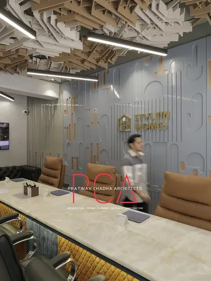 A dynamic shot of the StyleIn Homes conference room with motion blur, suggesting the active and vibrant nature of the workspace I designed.