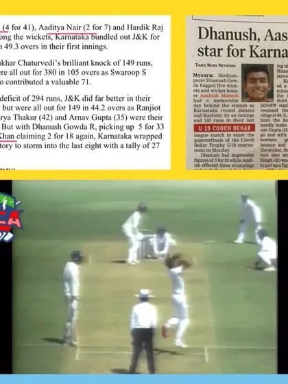 Our players making headlines. This newspaper clipping highlights the match-winning performance of our players for Karnataka in the U-19 Cooch Behar Trophy.