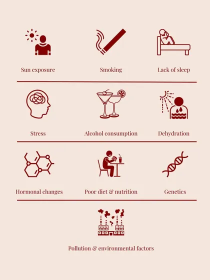 Many factors contribute to skin ageing. These include sun exposure, smoking, lack of sleep, stress, diet, genetics, and environmental pollution.