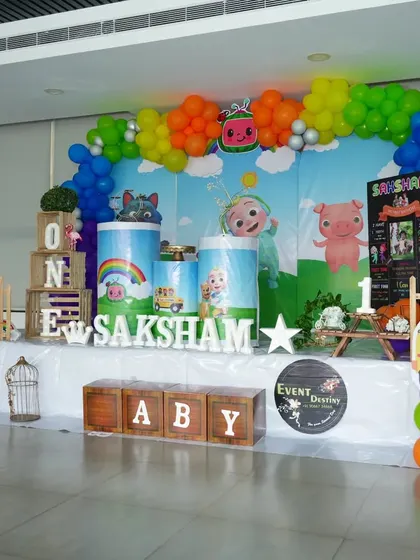 Another angle of our Cocomelon first birthday setup, showing the custom milestone board and other personalized details we can include.