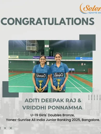 Aditi Deepak Raj & Vriddhi Ponnamma with their U-19 Girls' Doubles Bronze from the Yonex-Sunrise All India Junior Ranking in Bangalore.