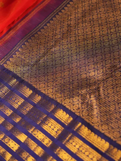 The rich brocade pallu of the red and blue Kanjivaram, a testament to the weaver's artistry.