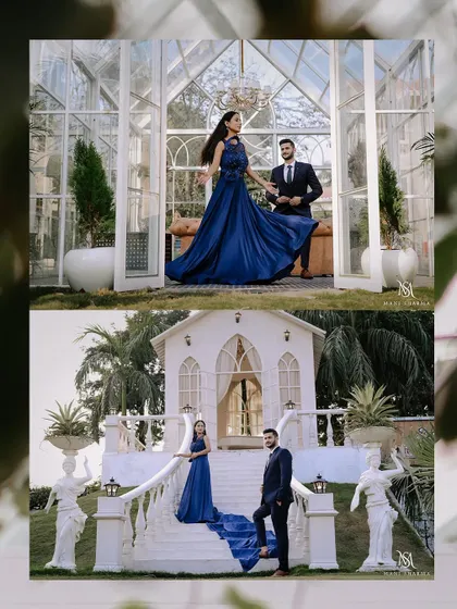 A grand pre-wedding shoot with Keshav and Priya, featuring a flowing blue gown and a stunning white architectural backdrop.