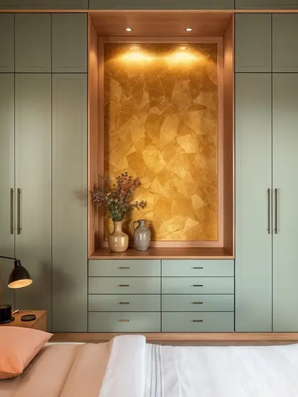 Color and texture working in harmony. This wardrobe features sage green panels and a stunning central niche with a gold-leaf effect, creating a focal point that is both artistic and functional with its set of drawers.