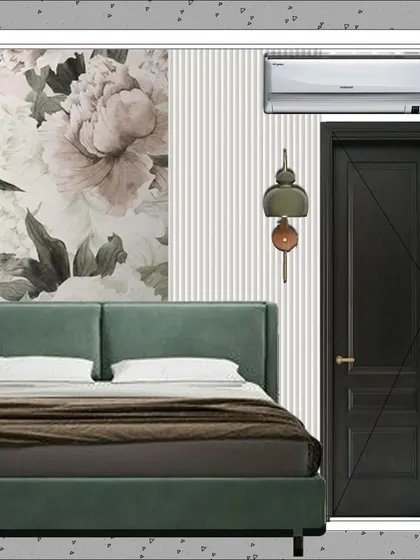 A mood board for a bedroom, showing a combination of a soft green upholstered bed, floral wallpaper, and textured wall panels. This is part of our design visualization process.