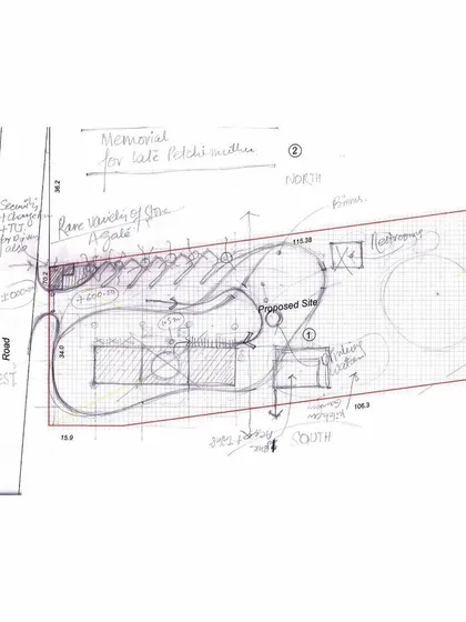 A preliminary site layout sketch for the Pechimuthu Memorial, exploring the circulation path, building placement, and landscaping strategy.