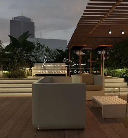 An evening view of a terrace concept, showing how we use layered lighting to create a warm and inviting atmosphere. The space is designed for both quiet evenings and social gatherings.