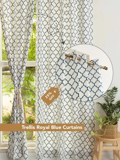Our Trellis Royal Blue curtains are a bold and classic choice. This is your final opportunity to bring this popular geometric pattern into your home, as we are saying goodbye to this design.